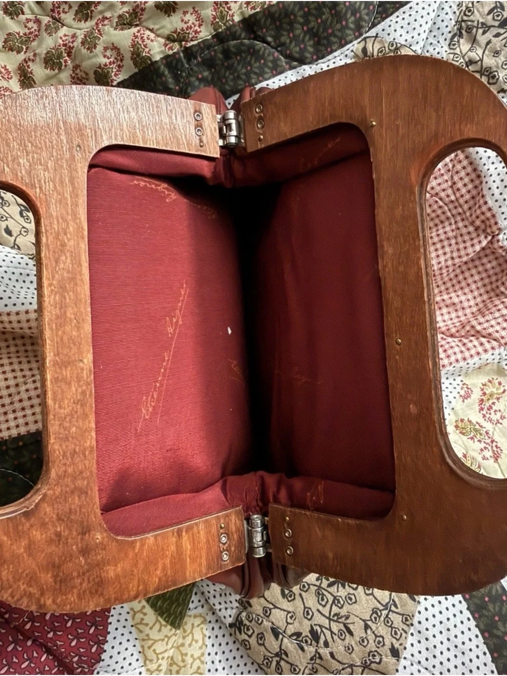Vintage Etienne Aigner Oxblood Leather Clutch with Wooden Handles.